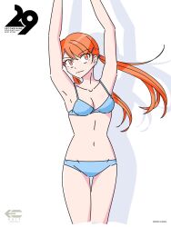 1girl 30girl.com arms_up artist_name bikini breasts collarbone copyright_name dated hair_ornament hairclip halterneck highres kawai_shingo long_hair looking_at_viewer navel orange_eyes orange_hair shadow solo standing swimsuit twintails white_bikini