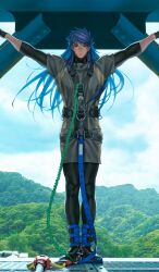 1boy arms_up black_gloves black_shoes bodysuit bungee_cord closed_mouth cloud cloudy_sky commentary_request dark-skinned_male dark_skin fate/grand_order fate_(series) full_body game_cg gloves harness koyama_hirokazu long_hair looking_at_viewer male_focus official_alternate_costume official_art outdoors outstretched_arms photo_background praise_the_sun red_eyes romulus_quirinus_(fate) shoes sky solo standing straight-on third-party_source v-shaped_eyebrows