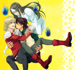 Rule 34 | 10s, 1girl, 2boys, bags under eyes, barnaby brooks jr., belt, blonde hair, blue fire, boots, brown eyes, brown hair, carrying, dress, facial hair, fire, ghost, glasses, green eyes, highres, jacket, jewelry, kaburagi t. kotetsu, kaburagi tomoe, lace-up boots, long hair, multiple boys, necklace, necktie, princess carry, red jacket, ring, short hair, sm chika, stubble, studded belt, sweatdrop, tiger &amp; bunny, translucent, triangular headpiece, vest, waistcoat, yaoi