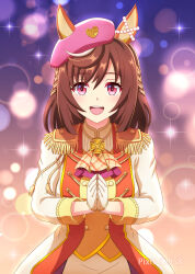 1girl animal_ears beret blush braid brown_hair buena_vista_(umamusume) epaulettes gloves hair_between_eyes hair_ornament hat highres horse_ears horse_girl kasumi_uzuki long_hair looking_at_viewer open_mouth own_hands_together purple_eyes solo sparkle teeth umamusume upper_teeth_only