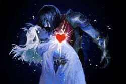 1girl 1other animal_ears antlers arm_around_back armor armored_gloves blank_eyes blonde_hair blue_skin colored_skin commentary deer_antlers deer_ears deer_girl deltarune earlrot english_commentary furry furry_female heart highres horns kris_(dark_world)_(deltarune) kris_(deltarune) long_hair noelle_holiday noelle_holiday_(dark_world) open_mouth robe short_hair soul_(deltarune) weird_route_(deltarune) white_robe
