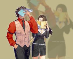 1boy 1girl ^_^ ace_attorney artist_name beard belt black_dress black_necktie black_pants blurry blurry_background book breasts brown_hair brown_vest buttons cleavage closed_eyes covering_own_eyes covering_own_mouth cowboy_shot dark-skinned_male dark_skin dated diego_armando dress facial_hair forehead godzillapigeon1 grin hand_in_pocket hand_up hands_up happy highres jacket long_hair long_sleeves magatama medium_breasts mia_fey necktie open_book outline pants phoenix_wright:_ace_attorney_-_trials_and_tribulations pinstripe_pattern pinstripe_vest red_jacket scarf short_dress short_hair signature smile spoilers standing striped teeth vest white_outline yellow_scarf zoom_layer