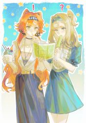 ! 2girls ? absurdres alternate_costume belt black_choker black_skirt blue_background blue_dress blue_hairband checkered_hairband choker cowboy_shot cup dress food food_in_mouth gradient_background green_eyes grey_hair hairband highres holding holding_cup holding_food holding_ice_cream holding_map holding_popsicle ice_cream jewelry long_hair long_skirt looking_at_map map matilda_bouanich medium_hair multiple_girls naked_ribbon one_side_up orange_hair pendant popsicle popsicle_in_mouth puffy_short_sleeves puffy_sleeves reverse:1999 ribbon sangyu-feiwan shirt short_sleeves skirt sonetto_(reverse:1999) star_(symbol) star_symbol_background two_side_up white_background white_shirt yellow_belt