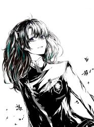 1girl absurdres badge black_coat black_order_uniform coat d.gray-man earrings green_hair greyscale hair_ribbon highres jewelry lenalee_lee looking_at_viewer medium_hair military military_uniform monochrome open_mouth purple_eyes ribbon simple_background smile sodamachi solo striped_coat two_side_up white_background