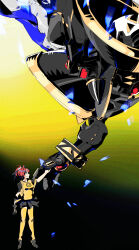 Rule 34 | 1girl, absurdres, aiba ami, alphamon, armor, black armor, black helmet, black shirt, black skirt, blue eyes, dawu233, digimon, digimon (creature), digimon story: cyber sleuth, helmet, highres, knight, miniskirt, pleated skirt, red hair, shirt, side ponytail, skirt, standing, two-tone shirt, yellow eyes, yellow shirt