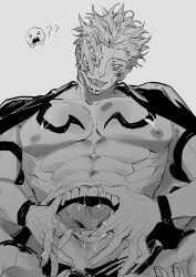 1boy ? ?? abs absurdres azukiharuta_ju chest_tattoo coat coat_on_shoulders crying_emoji emoji extra_eyes facial_tattoo grey_background greyscale highres jujutsu_kaisen large_pectorals monochrome muscular muscular_male nipples open_mouth pectorals ryoumen_sukuna_(jujutsu_kaisen) ryoumen_sukuna_(true_form)_(jujutsu_kaisen) short_hair simple_background solo stomach_mouth tattoo teeth tongue tongue_out upper_body wrist_tattoo