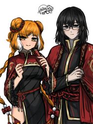 1boy 1girl black_dress black_eyes black_hair black_shirt braid chinese_clothes coat covered_navel double_bun dress family_hierarch_candidate_(identity)_(project_moon) gem glasses hair_bun highres ishmael_(project_moon) limbus_company long_hair looking_at_viewer medium_hair multicolored_hair nra_3614 orange_hair pearl_(gemstone) project_moon red_coat red_shrug rope_belt shirt side_slit simple_background solo standing streaked_hair twin_braids upper_body very_long_hair white_background yellow_eyes yi_sang_(project_moon)