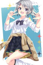 1girl :d alternate_costume blue_skirt bow bowtie clothes_around_waist contemporary double_v dress_shirt earclip earrings feet_out_of_frame green_nails grey_hair hair_ornament hairclip hands_up highres jewelry kneehighs layered_skirt looking_at_viewer loose_socks mononobe_no_futo multicolored_nails nail_polish open_mouth outline plaid_bow plaid_bowtie plaid_clothes plaid_skirt purple_eyes red_nails school_uniform shirt skirt smile socks solo sweater sweater_around_waist three-quarter_sleeves touhou uumaru v white_outline white_shirt white_socks