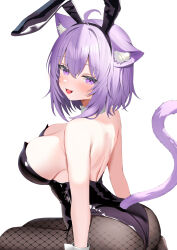 1girl :3 aa44 ahoge alternate_costume animal_ear_fluff animal_ear_hairband animal_ears armpit_crease ass backless_leotard bare_shoulders black_leotard black_pantyhose blush breasts cat_ears cat_girl cat_tail commentary_request detached_collar fake_animal_ears fishnet_pantyhose fishnets from_side hair_between_eyes hairband highres hololive large_breasts leotard looking_at_viewer median_furrow medium_hair nekomata_okayu open_mouth pantyhose playboy_bunny purple_eyes purple_hair rabbit_ear_hairband rabbit_ears seiza sideboob simple_background sitting solo strapless strapless_leotard tail turning_head virtual_youtuber white_background wrist_cuffs