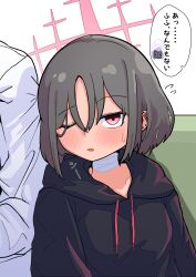 1boy 2girls atsuko_(blue_archive) bandages black_hoodie blue_archive blush couch doodle_sensei_(blue_archive) egoist_(mashimashiy) halo hoodie mask misaki_(blue_archive) multiple_girls one_eye_closed sensei_(blue_archive) speech_bubble