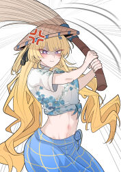 1girl absurdres alternate_costume anger_vein blonde_hair blue_sarong commentary english_commentary floral_print hat highres holding long_hair navel nort_muhehehe phoebe_(wuthering_waves) sarong shirt solo stomach straw_hat tied_shirt very_long_hair white_shirt wuthering_waves