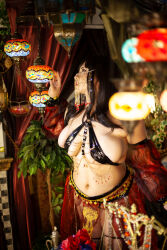 1girl asian belly belly_dancer black_hair breasts chouzuki_maryou cleavage highres large_breasts lipstick makeup photo_(medium) plump solo thick_thighs thighs underboob