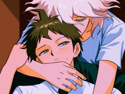 2boys absurdres brown_hair danganronpa_(series) danganronpa_2:_goodbye_despair green_eyes highres hinata_hajime komaeda_nagito looking_at_another male_focus multiple_boys pink_hair shirt short_hair upper_body uri_ka55 white_shirt yaoi