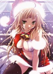 Rule 34 | 1girl, arm strap, bell, belt, black belt, black thighhighs, blonde hair, breasts, christmas, cleavage, collarbone, curtains, fur-trimmed headwear, fur trim, garter straps, green eyes, hat, highres, large breasts, long hair, looking at viewer, miyama-zero, navel, open clothes, open shirt, original, red headwear, red shirt, red skirt, sack, santa hat, shirt, sitting, skirt, sleeveless, sleeveless shirt, smile, snow, source request, sparkle, thighhighs, tongue, tongue out, window