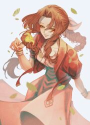 1girl aerith_gainsborough bangle bracelet braid braided_ponytail breasts brown_hair choker cowboy_shot cropped_jacket dress falling_petals final_fantasy final_fantasy_vii final_fantasy_vii_remake flower green_eyes hair_ribbon half-closed_eyes highres holding holding_flower jacket jewelry lily_(flower) long_dress long_hair medium_breasts parted_bangs parted_lips petals pink_dress pink_ribbon puffy_short_sleeves puffy_sleeves red_jacket ribbon shi6s short_sleeves sidelocks single_braid smile solo white_background yellow_flower yellow_petals