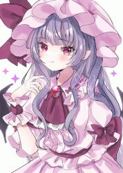 Rule 34 | 1girl, alternate hair length, alternate hairstyle, ascot, bat wings, blush, brooch, closed mouth, commentary request, frilled shirt collar, frilled wrist cuffs, frills, hat, hat ribbon, jaku sono, jewelry, long hair, looking at viewer, mob cap, pink hat, pink shirt, pink skirt, pointy ears, puffy short sleeves, puffy sleeves, purple eyes, purple hair, red ascot, remilia scarlet, ribbon, shirt, short sleeves, signature, skirt, smile, solo, touhou, upper body, wings, wrist cuffs