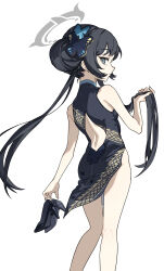 1girl absurdres black_hair blue_archive china_dress chinese_clothes dress grey_eyes grey_halo hair_bun hair_ornament halo hand_in_own_hair high_heels highres holding holding_shoes holding_unworn_clothes jiaenn kisaki_(blue_archive) kneepits long_hair looking_at_viewer shoes simple_background sleeveless sleeveless_dress solo unworn_shoes
