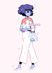 1girl bag blue_hair blue_skin colored_skin flats lapis_lazuli_(steven_universe) medium_hair meyoco pants shirt shoulder_bag solo steven_universe white_pants