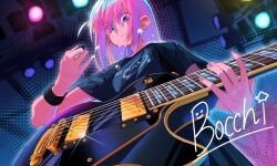 1girl bocchi_the_rock! character_name electric_guitar gibson_les_paul gotoh_hitori guitar guitar_strap holding holding_plectrum ingyanggang instrument kessoku_band_t-shirt music playing_guitar playing_instrument plectrum solo standing
