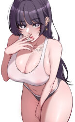 1girl absurdres armpit_peek baek_ga-in between_legs black_panties blunt_bangs breasts bright_pupils chest_tattoo cigarette circle cleavage collarbone covered_erect_nipples crop_top ear_piercing earrings eyebrows_hidden_by_hair eyes_visible_through_hair fingernails flower_tattoo hand_between_legs highres holding holding_cigarette jewelry joonibell large_breasts long_hair multicolored_panties navel open_mouth panties piercing purple_eyes purple_hair smoking solo standing tank_top tattoo teeth thighhighs underwear very_long_hair white_background white_panties white_pupils white_tank_top
