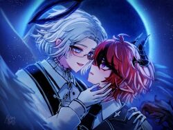 2boys aotsuki_eito black_hair blue_eyes blush glasses highres horns last_defense_academy_school_uniform looking_at_another looking_down looking_up male_focus messy_hair moon multicolored_eyes multiple_boys mystery_harp night night_sky open_mouth parted_hair pink_eyes purple_eyes red_hair sky sumino_takumi the_hundred_line_-last_defense_academy- upper_body yaoi