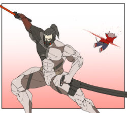 2boys abs absurdres bisected black_hair blood blue_pants bodysuit closed_eyes commentary crossover cyborg english_commentary feet_out_of_frame furry furry_male gradient_background grey_bodysuit hf_murasama highres holding holding_sheath katana male_focus metal_gear_(series) metal_gear_rising:_revengeance mouse_boy multiple_boys murder pants pink_background ponytail red_shirt samuel_rodrigues sheath shirt short_hair stuart_little stuart_little_(franchise) subakeye sword weapon white_background