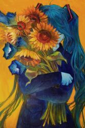 1girl absurdres blue_dress blue_flower blue_hair bouquet commentary covered_face dress english_commentary flower hatsune_miku highres holding holding_bouquet long_hair long_sleeves oil_painting_(medium) painting_(medium) simple_background solo straight-on sunflower svveetberry traditional_media twintails upper_body vocaloid yellow_background yellow_flower