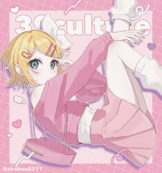 1girl aqua_eyes backpack bag bare_shoulders blonde_hair bow cropped_jacket drop_shadow english_text feet_out_of_frame fur_jacket grid_background hair_bow hair_ornament hairclip hairpin half-heart_hands hashtag-only_commentary heart highres jacket kagamine_rin leg_warmers legs_up light_blush looking_at_viewer multiple_hairpins off-shoulder_jacket off_shoulder pale_skin pink_bag pink_jacket pink_nails pink_skirt pink_theme pleated_skirt rabu_(airabuu5211) shirt short_hair skirt sleeveless sleeveless_shirt solo swept_bangs twitter_username vocaloid white_bow white_leg_warmers white_shirt