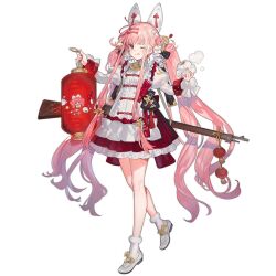 Rule 34 | 1girl, ;q, animal ears, dress, dumpling, fake animal ears, flower, food, frilled dress, frills, full body, girls&#039; frontline, gun, hair flower, hair ornament, highres, holding, holding food, holding lantern, lantern, long hair, martini-henry, martini-henry (crimson lantern) (girls&#039; frontline), martini-henry (girls&#039; frontline), official alternate costume, official art, one eye closed, paper lantern, pink eyes, pink hair, puffy sleeves, shoes, socks, solo, starshadowmagician, tongue, tongue out, transparent background, twintails, weapon, white shoes, white socks