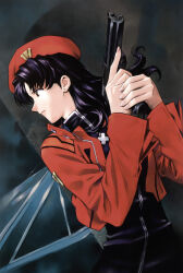 Rule 34 | 1girl, absurdres, black dress, car, closed mouth, dress, earrings, gun, h&amp;k usp, handgun, highres, holding, holding gun, holding weapon, jacket, jewelry, katsuragi misato, lips, motor vehicle, neon genesis evangelion, official art, purple hair, red jacket, sadamoto yoshiyuki, shadow, solo, weapon