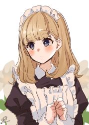 1girl apron black_dress blue_eyes blush brown_hair closed_mouth collared_dress commentary_request dress frilled_apron frills hands_up highres juliet_sleeves long_hair long_sleeves looking_to_the_side maid maid_apron maid_headdress original own_hands_together puffy_sleeves rino_cnc simple_background solo twitter_username upper_body white_apron white_background