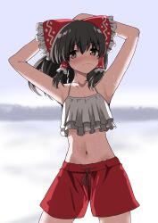 1girl absurdres alternate_costume armpits arms_up bikini bikini_top_only blush bow breasts brown_eyes brown_hair closed_mouth collarbone commentary_request embarrassed frilled_bikini_top frilled_bow frilled_hair_tubes frills hair_bow hair_tubes hakurei_reimu highres hot kabi_killer long_hair midriff navel red_bow red_shorts shorts small_breasts solo sweat swimsuit touhou wavy_mouth white_bikini