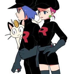 1boy 1girl belt_pouch black_gloves black_hat blue_eyes boots closed_mouth commentary cowboy_shot earrings gen_1_pokemon gloves green_eyes hair_bun hand_on_own_hip hat highres holding holding_poke_ball james_(pokemon) jessie_(pokemon) jewelry lone_nape_hair looking_ahead meowth nintendo ochappa pink_hair poke_ball pokemon pokemon_(creature) pouch purple_hair short_hair simple_background symbol-only_commentary thigh_boots turtleneck white_background