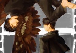2boys arms_behind_back barefoot black_bodysuit black_coat black_eyes black_hair bodysuit coat faceless film_reel highres kim_dokja looking_at_another macaronijail multiple_boys omniscient_reader&#039;s_viewpoint popped_collar short_hair upside-down yoo_joonghyuk