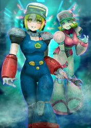 Rule 34 | 2girls, battle damage, blonde hair, blue bodysuit, blue eyes, blurry, blurry background, bodysuit, breasts, corruption, dark persona, dress, electricity, feet out of frame, full body, green eyes, highres, holding, holding wrench, kiwakiwa, medium breasts, mega man (series), mega man x: command mission, mega man x (series), mind control, multiple girls, pink dress, red pupils, short hair, standing, wrench
