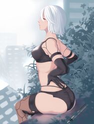 1girl a2_(nier:automata) absurdres arm_behind_back arms_behind_back ass black_bra black_gloves black_panties black_thighhighs bra closed_eyes elbow_gloves gloves hand_on_own_hip highres multi-strapped_panties nier:automata nier_(series) panties profile short_hair sitting solo thighhighs underwear white_hair yoomix