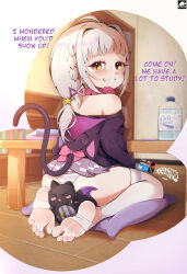 animal_hood braid cat cat_hood cat_tail english_text fake_tail feet foot_focus from_behind full_body grey_hair grin headphones headphones_around_neck highres hololive hood hood_down hooded_jacket indoors jacket loli miniskirt murasaki_shion no_shoes panties parted_lips pleated_skirt purple_jacket purple_panties purple_skirt seiza sitting skirt smile soles stirrup_legwear striped_clothes striped_panties tail teeth thighhighs toeless_legwear toes ueharam underwear virtual_youtuber white_thighhighs