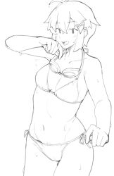 1girl absurdres bikini blush breasts cleavage cowboy_shot female_pubic_hair fukana_miyu_(kokuya28) goggles goggles_around_neck greyscale hair_ornament highres kokuya_(kokuya28) looking_at_viewer medium_breasts monochrome navel open_mouth original pubic_hair pubic_hair_peek short_hair side-tie_bikini_bottom simple_background sketch smile solo sweat swimsuit x_hair_ornament