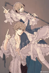 Rule 34 | 1boy, 1girl, black hair, blonde hair, blue eyes, blush stickers, boots, brother and sister, brown background, capelet, dress, fate/grand order, fate (series), frilled hairband, frills, gareth (fgo fes. 2025) (fate), gawain (fate), gawain (fgo fes. 2025) (fate), green eyes, hair flaps, hairband, highres, holding, holding lead pipe, lead pipe, long sleeves, looking at viewer, multicolored hair, open mouth, pantyhose, pectorals, shirt, short hair, shunreiseiya, siblings, sitting on shoulder, smile, two-tone hair, watermark, wavy hair, weibo watermark, white capelet, white pantyhose, white shirt, white sleeves