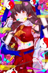 absurdres ascot bow cherry_blossoms colorful detached_sleeves facepaint flower frilled_bow frilled_hair_tubes frills gohei hair_bow hair_tubes hakurei_reimu highres hirwannew nontraditional_miko pink_flower red_bow red_skirt ribbon-trimmed_sleeves ribbon_trim skirt skirt_set touhou yellow_ascot yin_yang