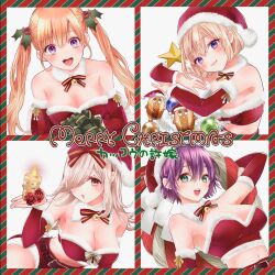 amano_erika armpits blonde_hair blush breasts brown_eyes candle christmas christmas_ornaments christmas_tree cleavage closed_mouth crop_top detached_collar detached_sleeves flower fur-trimmed_crop_top fur-trimmed_headwear fur-trimmed_sleeves fur_collar fur_trim green_eyes hair_between_eyes hair_ornament hair_over_one_eye hat highres holly_hair_ornament kakkou_no_iinazuke large_breasts long_hair looking_at_viewer merry_christmas mochizuki_ai_(kakkou_no_iinazuke) official_art open_mouth purple_eyes purple_hair red_flower red_rose rose santa_costume santa_hat segawa_hiro short_hair smile umino_sachi_(kakkou_no_iinazuke) upper_body white_hair yoshikawa_miki