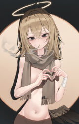 1girl absurdres angel artist_logo ashal_(mansu) bags_under_eyes bandaged_wrist bandages black_eyes blonde_hair breasts broken_halo brown_wings cigarette commentary fallen_angel fingernails four-finger_heart_hands halo heart heart_hands highres holding holding_cigarette logo long_hair looking_at_viewer mansu_(user_pnmp4287) naked_scarf navel neck_tattoo no_panties original scarf scissor_tattoo single_wing small_breasts smoke smoke_heart smoking spotlight tattoo topless_female wings