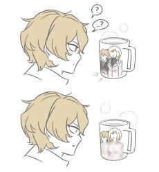 1boy ? blonde_hair cup highres limbus_company male_focus mug n_corp._fanatic_(identity)_(project_moon) ohzv open_mouth portrait project_moon simple_background sinclair_(project_moon) steam surprised white_background wide-eyed yellow_eyes