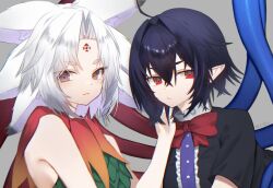 Rule 34 | 2girls, :3, ahoge, asymmetrical wings, bare shoulders, black dress, black hair, bow, bowtie, collared shirt, dress, expressionless, facial mark, forehead mark, green skirt, grey background, grey eyes, grey hair, highres, houjuu chimi, houjuu nue, looking at viewer, medium hair, multicolored hair, multiple girls, pointy ears, red bow, red bowtie, red eyes, shirt, short sleeves, skirt, sleeveless, sleeveless shirt, smile, syachitaromaru, thick eyebrows, touhou, two-tone hair, upper body, white hair, wings