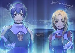 1boy 1girl black_bodysuit blonde_hair blue_eyes blue_hair bodysuit breasts closed_mouth cloud dated gloves ilia_silvestri long_hair looking_at_viewer medium_breasts misono_mitama open_mouth ronyx_j._kenny smile star_ocean star_ocean_first_departure yellow_eyes