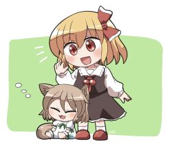 2girls :3 :d ascot barefoot black_skirt black_vest blonde_hair blush_stickers brown_hair closed_eyes collared_shirt commentary_request full_body green_background hair_ribbon kudamaki_tsukasa long_sleeves mini_person minigirl multiple_girls open_mouth red_ascot red_eyes red_ribbon red_shoes ribbon rokugou_daisuke rumia shirt shoes short_hair short_sleeves signature sitting skirt skirt_set smile socks standing touhou vest white_romper white_shirt white_socks