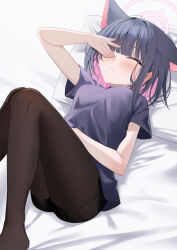 1girl absurdres alternate_costume animal_ears black_pantyhose black_shorts blue_archive blue_shirt blunt_bangs blush cat_ears cat_girl closed_eyes closed_mouth colored_inner_hair highres kazusa_(blue_archive) lying multicolored_hair on_back on_bed pantyhose rubbing_eyes shirt short_hair short_sleeves shorts solo t-shirt two-tone_hair wendao