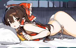 1girl asakura_maru bare_shoulders bow brown_hair frilled_bow frills hair_bow hair_tubes hakurei_reimu indoors long_hair looking_at_viewer lying on_bed open_mouth panties pillow red_bow red_shirt shirt side-tie_panties sleeveless sleeveless_shirt solo touhou underwear white_panties
