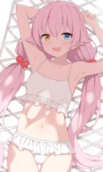 1girl absurdres ahoge armpits arms_up artist_name bare_arms bikini bikini_skirt blue_archive blue_eyes blush breasts enru fang frilled_bikini frills hair_between_eyes hair_bobbles hair_ornament hammock heterochromia highres hoshino_(blue_archive) hoshino_(swimsuit)_(blue_archive) loli long_hair looking_at_viewer lying navel official_alternate_costume on_back open_mouth pink_hair small_breasts smile solo stomach swimsuit thigh_gap twintails white_bikini yellow_eyes