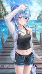 Rule 34 | 1girl, :t, absurdres, alternate costume, arm up, asymmetrical sidelocks, bag, bikini, black bikini, black tank top, blue eyes, blue hair, blue ribbon, blue shorts, blush, breasts, cowboy shot, crop top, day, denim, denim shorts, dock, double-parted bangs, earrings, hair between eyes, hair ribbon, handbag, highres, holding, holding bag, hololive, hoshimachi suisei, jewelry, looking at viewer, midriff, navel, ocean, one side up, open clothes, open fly, open shirt, outdoors, pout, revision, ribbon, see-through clothes, see-through shirt, shading eyes, shirt, short shorts, shorts, side ponytail, sidelocks, single off shoulder, small breasts, solo, standing, star (symbol), star earrings, star in eye, straight-on, swimsuit, symbol in eye, tank top, tankini, transparent bag, virtual youtuber, wajuniorbox, white shirt